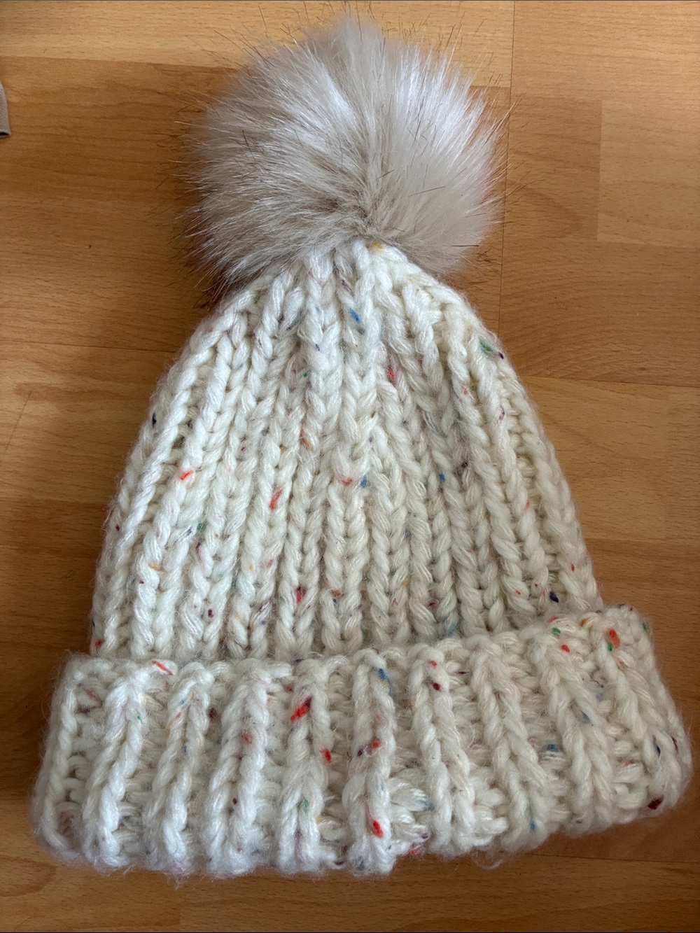 Women’s Cream Knit Pom Beanie with Multicolor Flecks